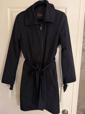 Cole Haan Black Zip-Front Tie-Waist Trench Coat